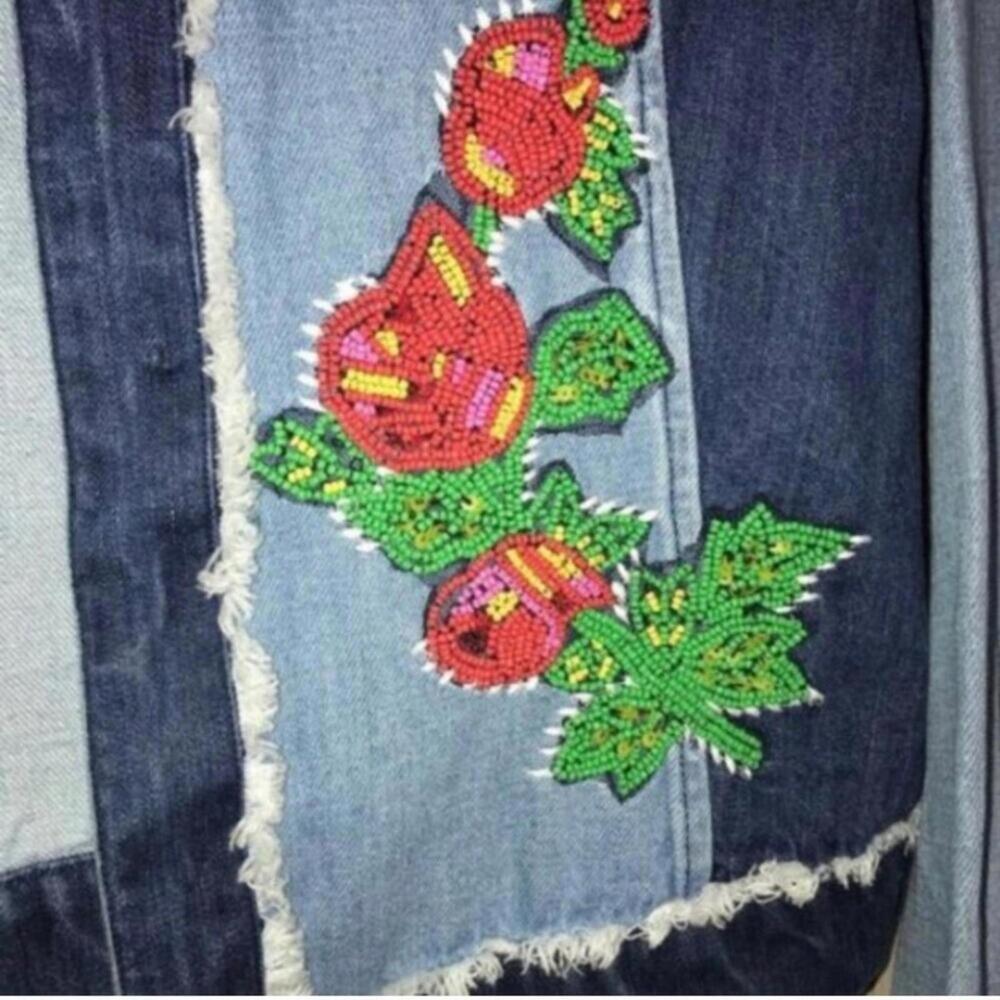 Relativity Beaded Rose Denim Patchwork Jean Jacket - image 6